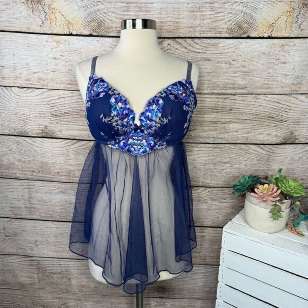 5/$25 Victoria's Secret Women's 36D Blue Floral Babydoll Sheer‎ Lingerie